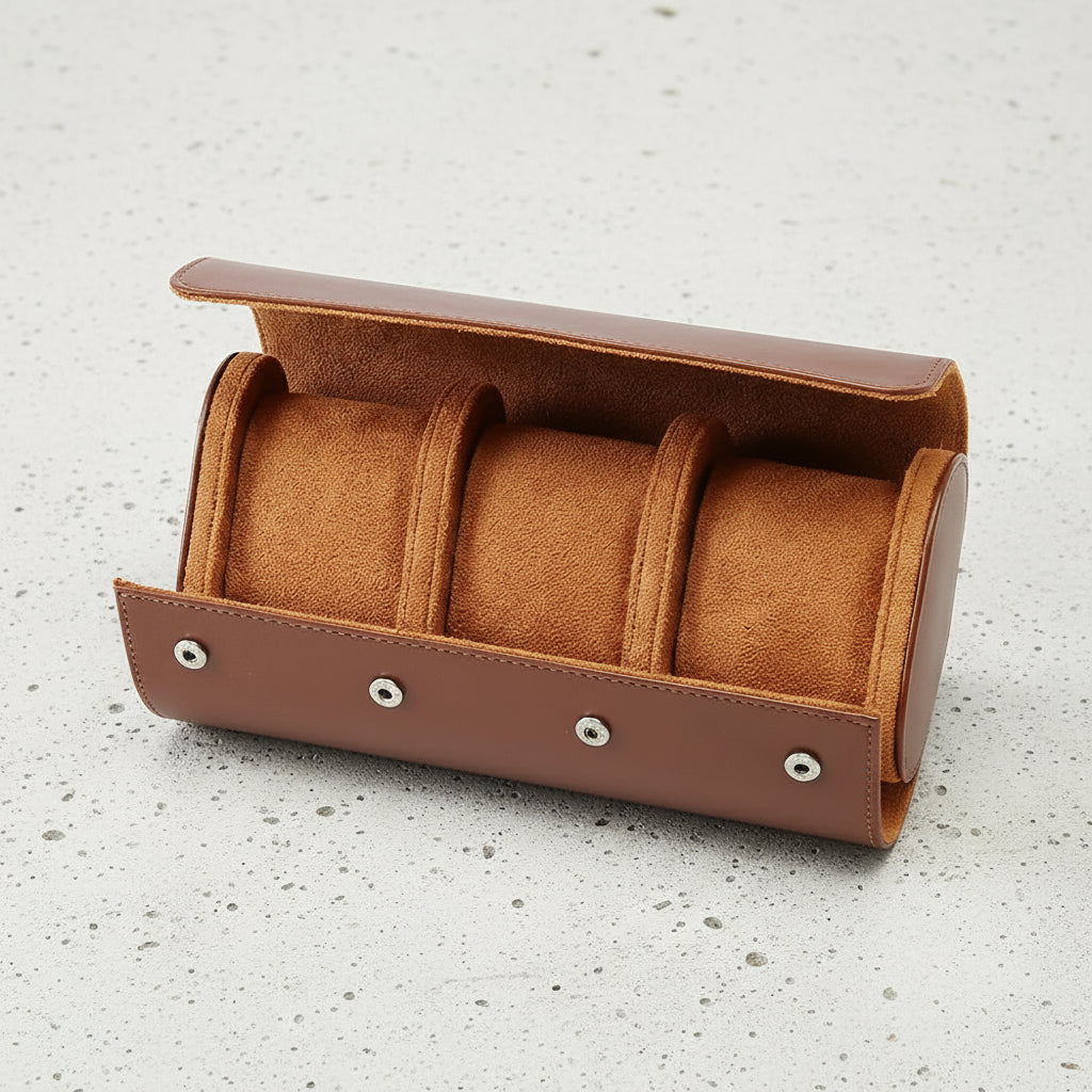 Brown leather 3 watch roll