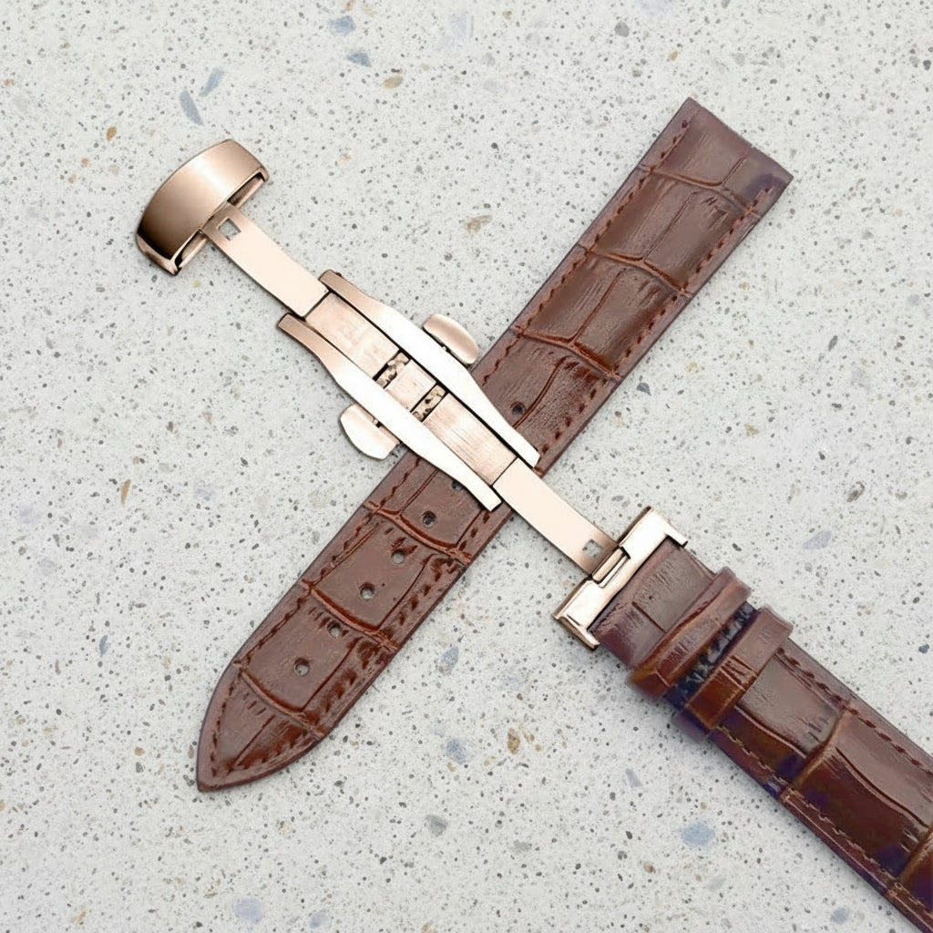 Brown crocodile-patterned watch strap with rose gold butterfly clasp 