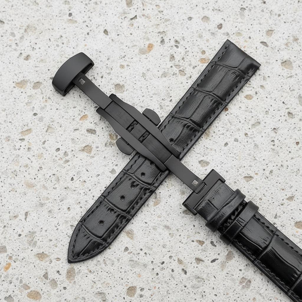 Black crocodile-patterned watch strap with black butterfly clasp 