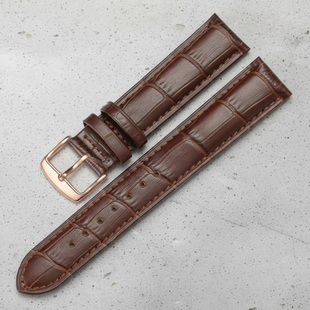 Brown leather watch strap with rose gold buckle 