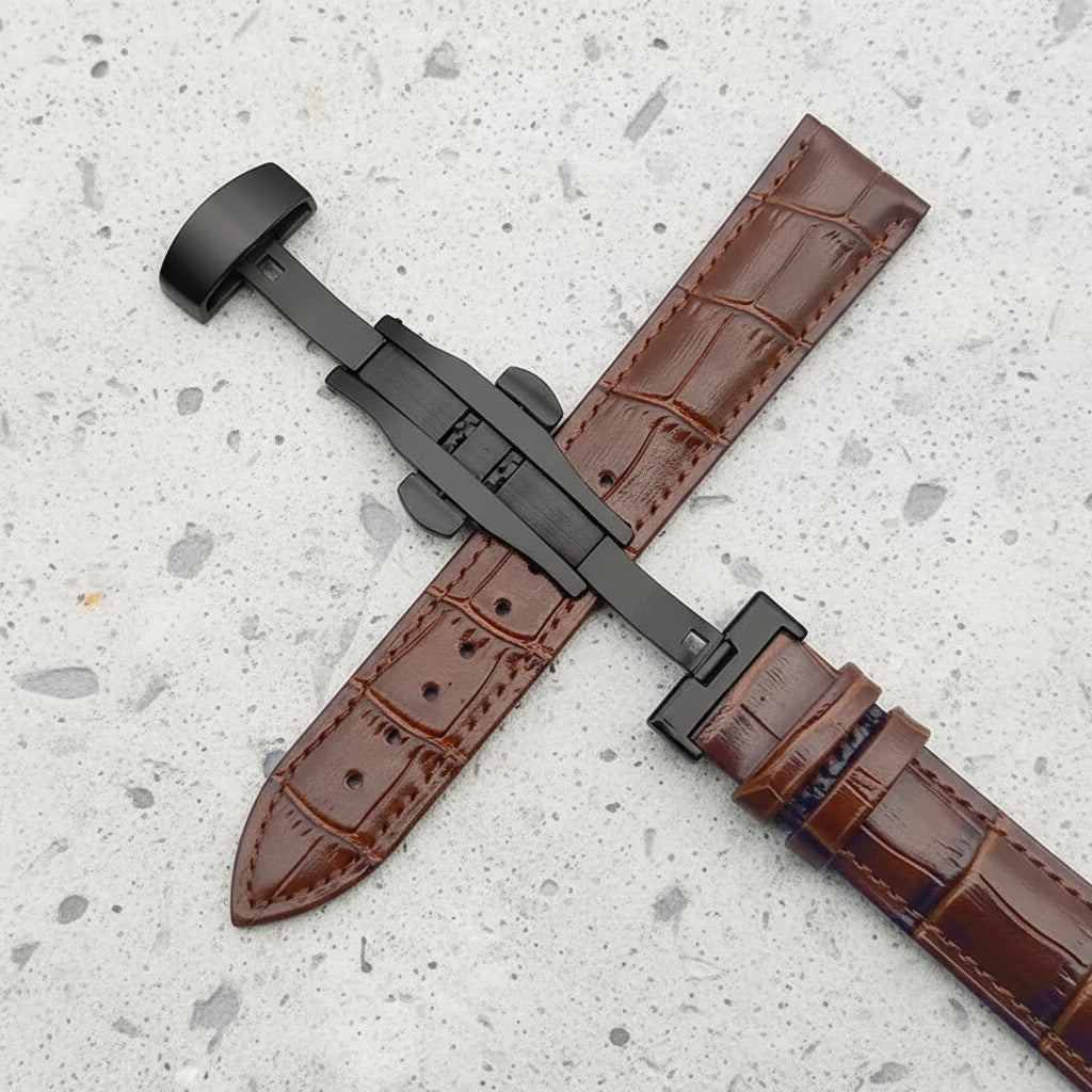 Brown crocodile-patterned watch strap with black butterfly clasp 