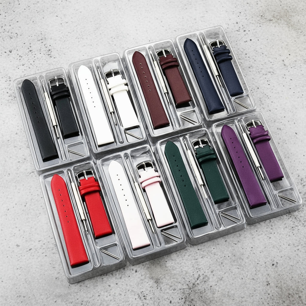 Set of various leather watch straps in clear plastic cases 