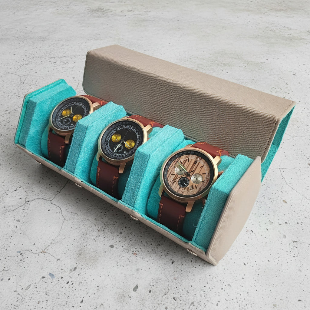 Grey and light blue 3 watch roll
