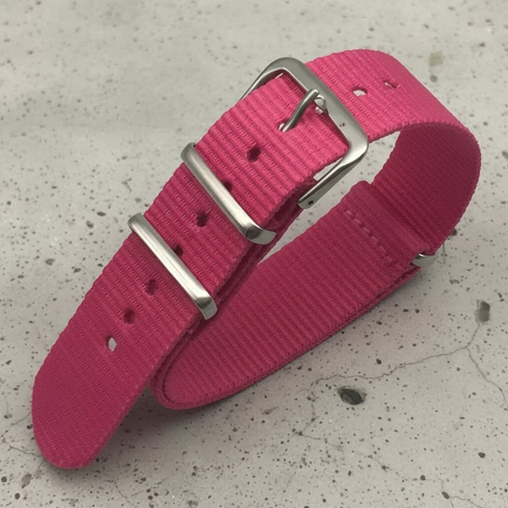 Pink nylon watch strap with silver buckle 
