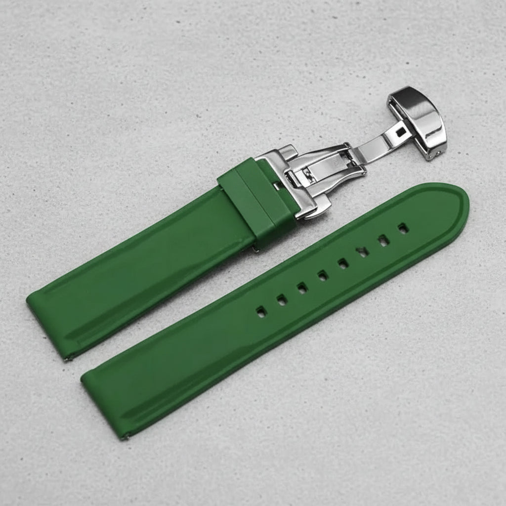 Green rubber watch strap with silver butterfly clasp