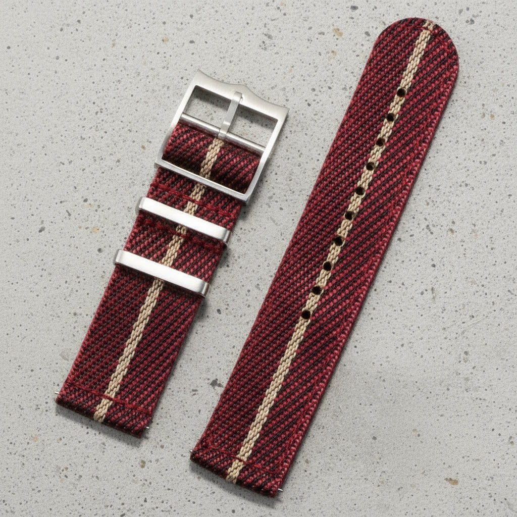 Red and beige striped nylon watch strap with silver buckle 