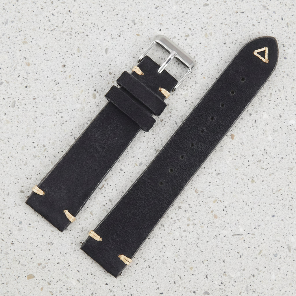 Black suede watch strap with silver buckle