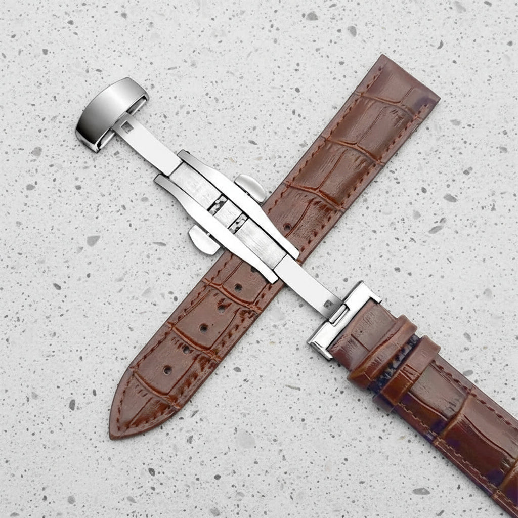 Brown crocodile-patterned watch strap with silver butterfly clasp 