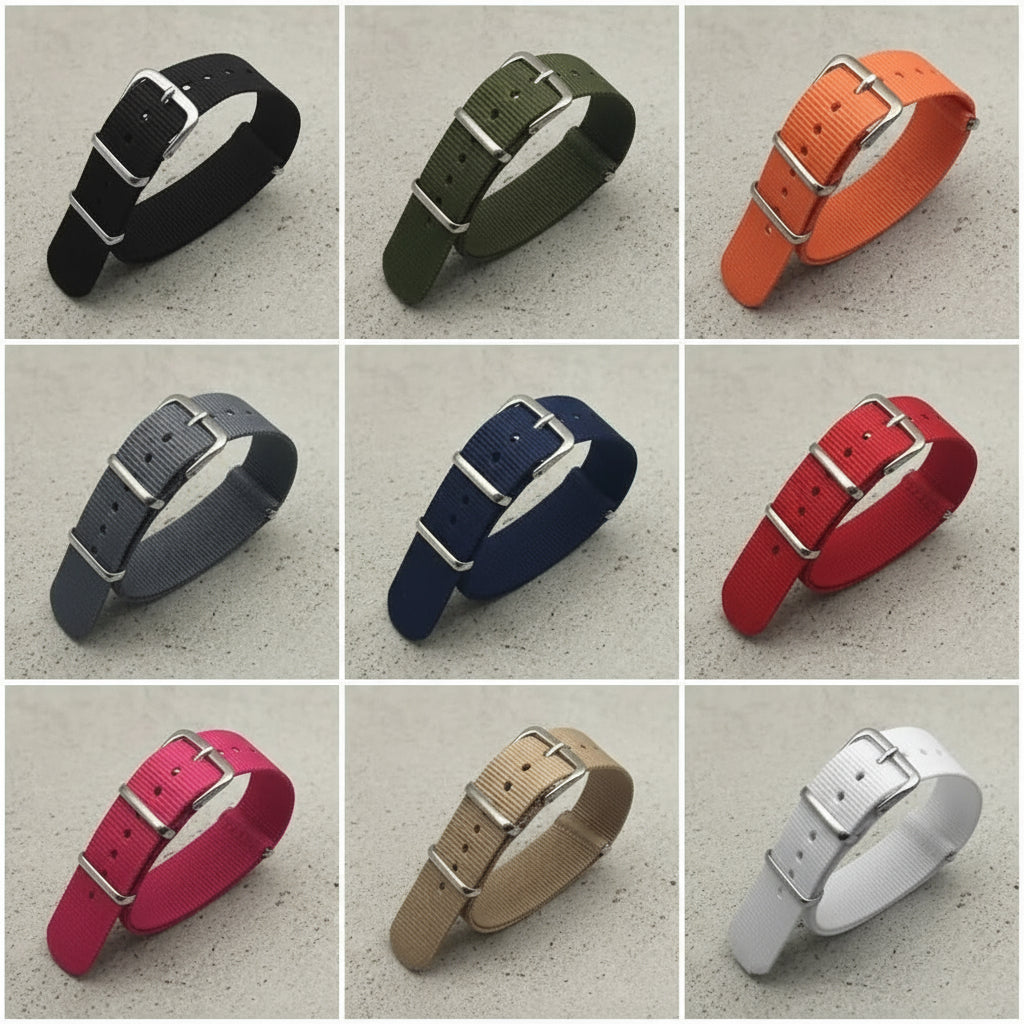 Collection of various nylon watch straps in different colors 