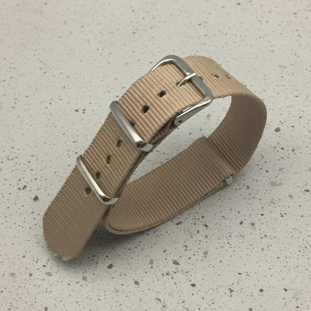 Beige nylon watch strap with silver buckle 