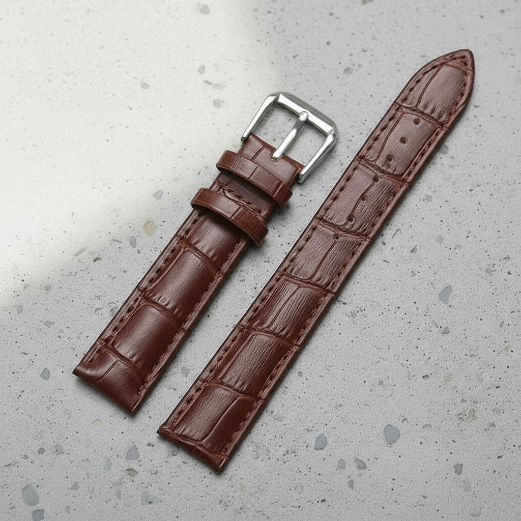 Brown crocodile-patterned watch strap with silver buckle 