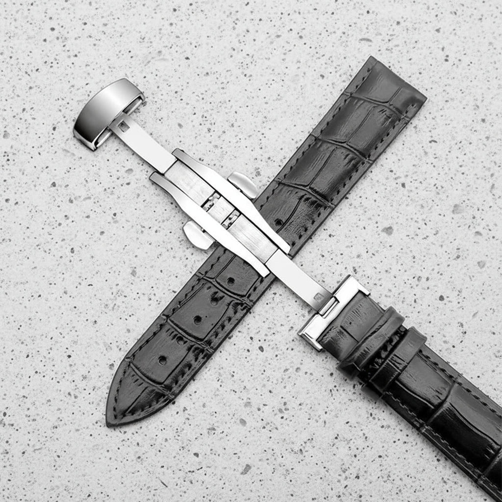 Black leather watch strap with silver butterfly clasp
