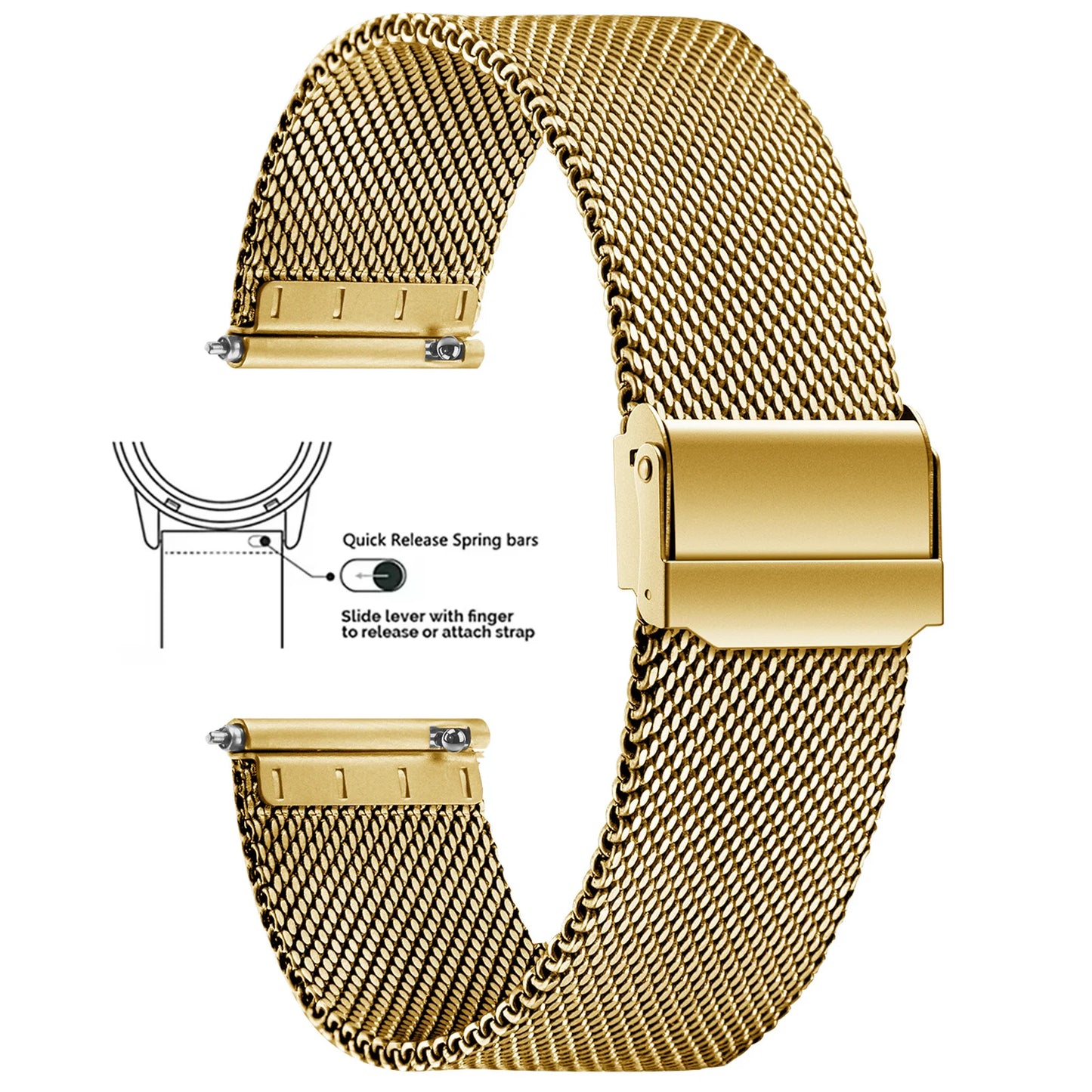 Gold coloured mesh watch strap with quick release mechanism