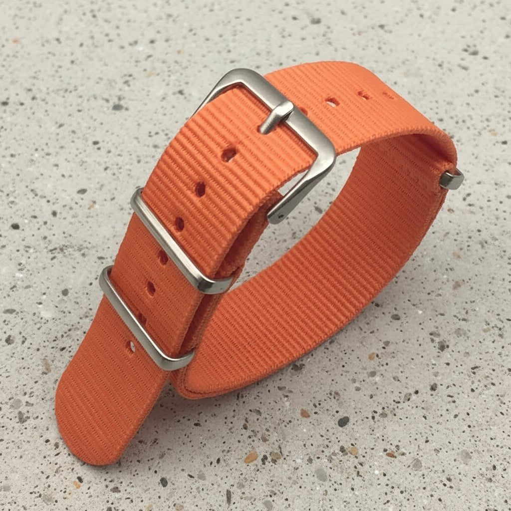 Orange nylon watch strap with silver buckle 