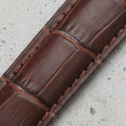 Close-up of a brown crocodile print leather strap