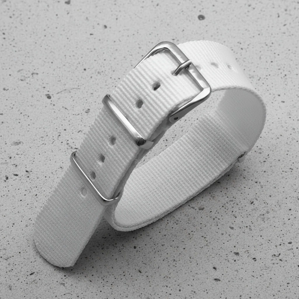 White nylon  watch strap with silver buckle 