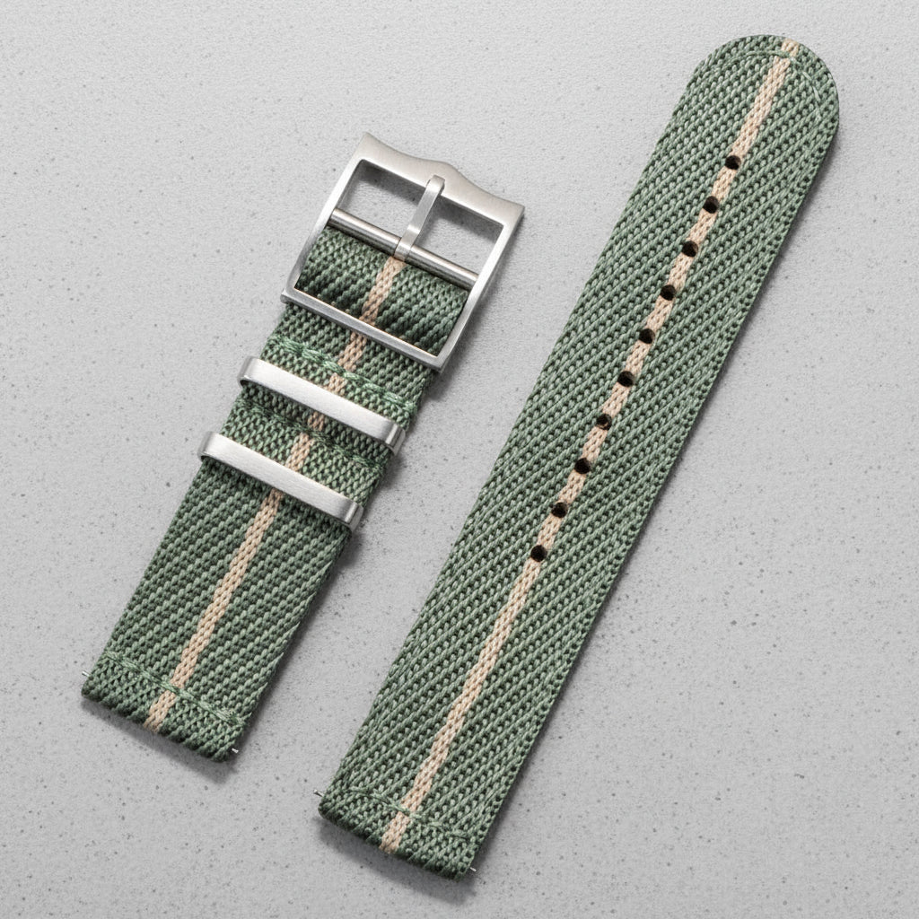 Green and beige striped nylon watch strap with silver buckle 