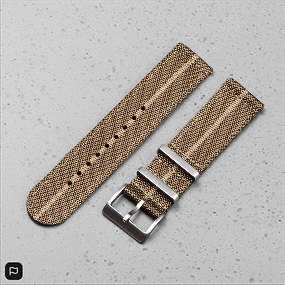 Greenyellow and beige striped nylon watch strap with silver straight buckle 